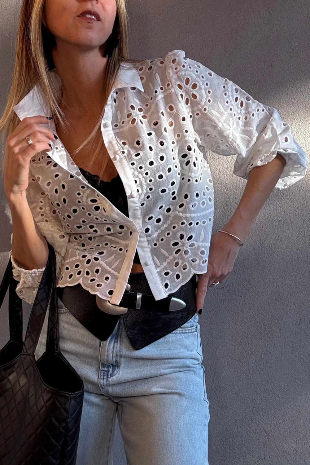 White Eyelet Embroidered Puff Sleeve Crop Shirt