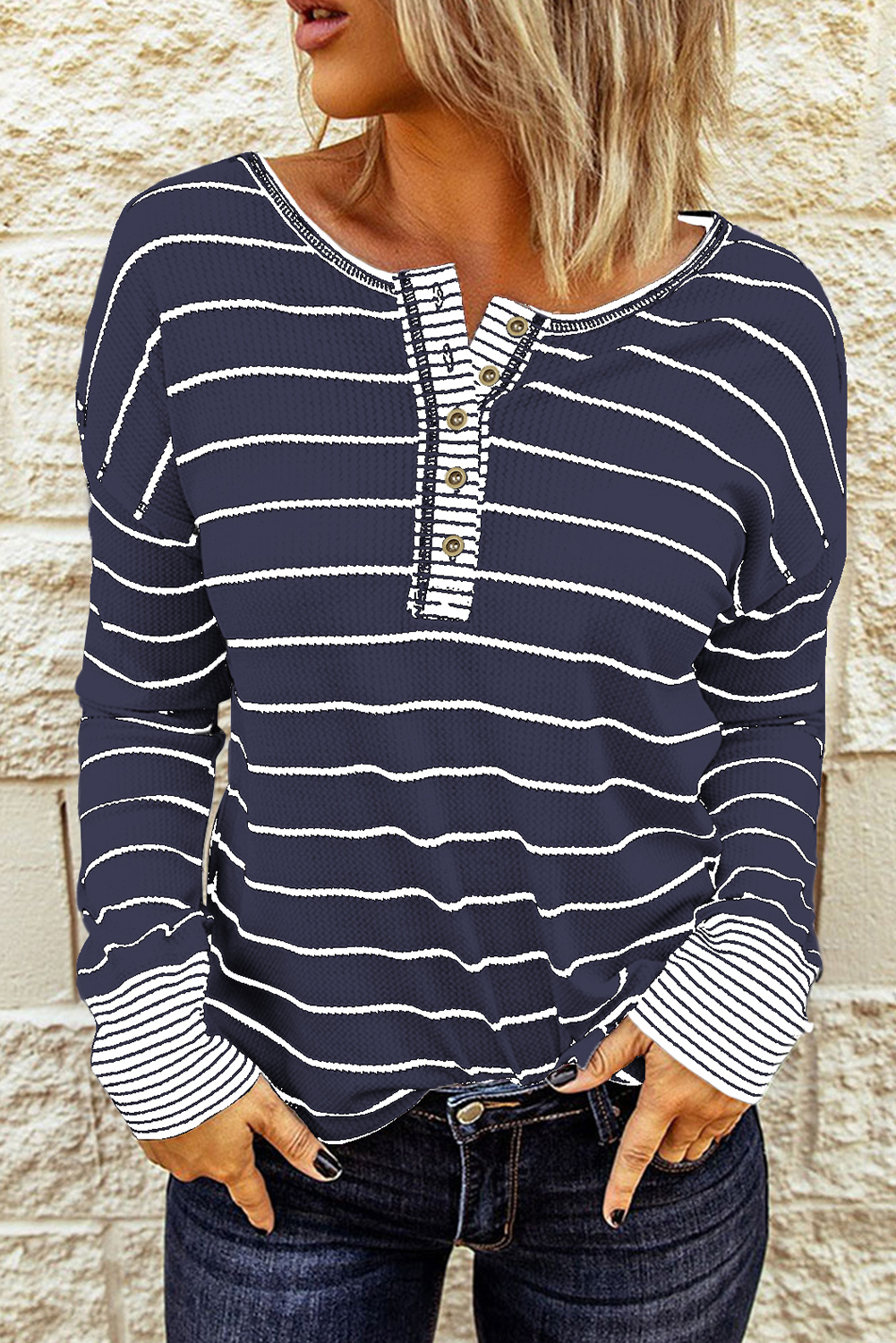 Navy Blue Striped Buttoned Henley Waffle Knit Top