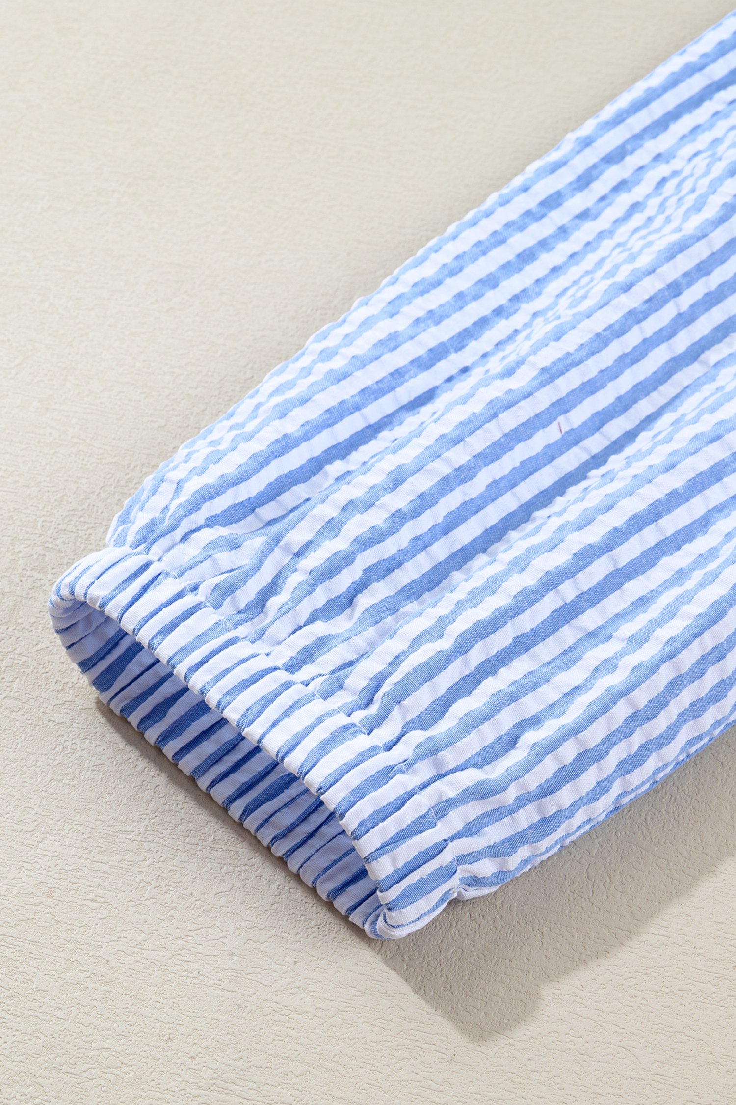 Sky Blue Stripe Seersucker Textured Notched Neck Long Puff Sleeve Tiered Curvy Dress