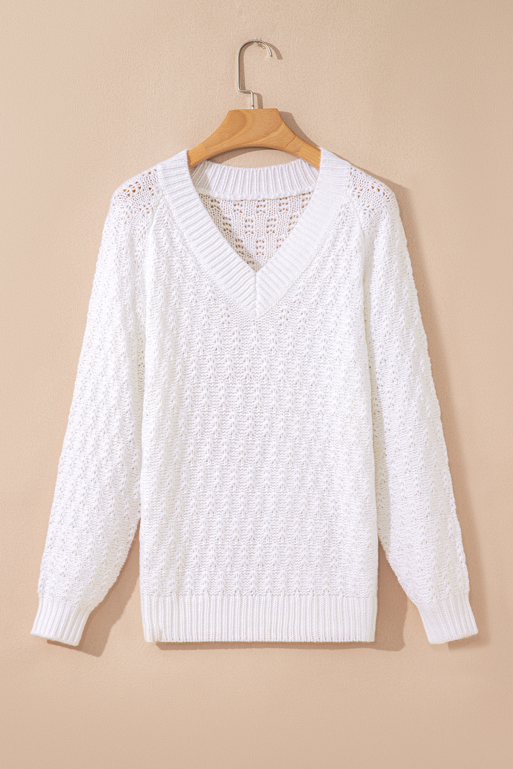 White Textured Knit Ribbed Edge V Neck Loose Sweater