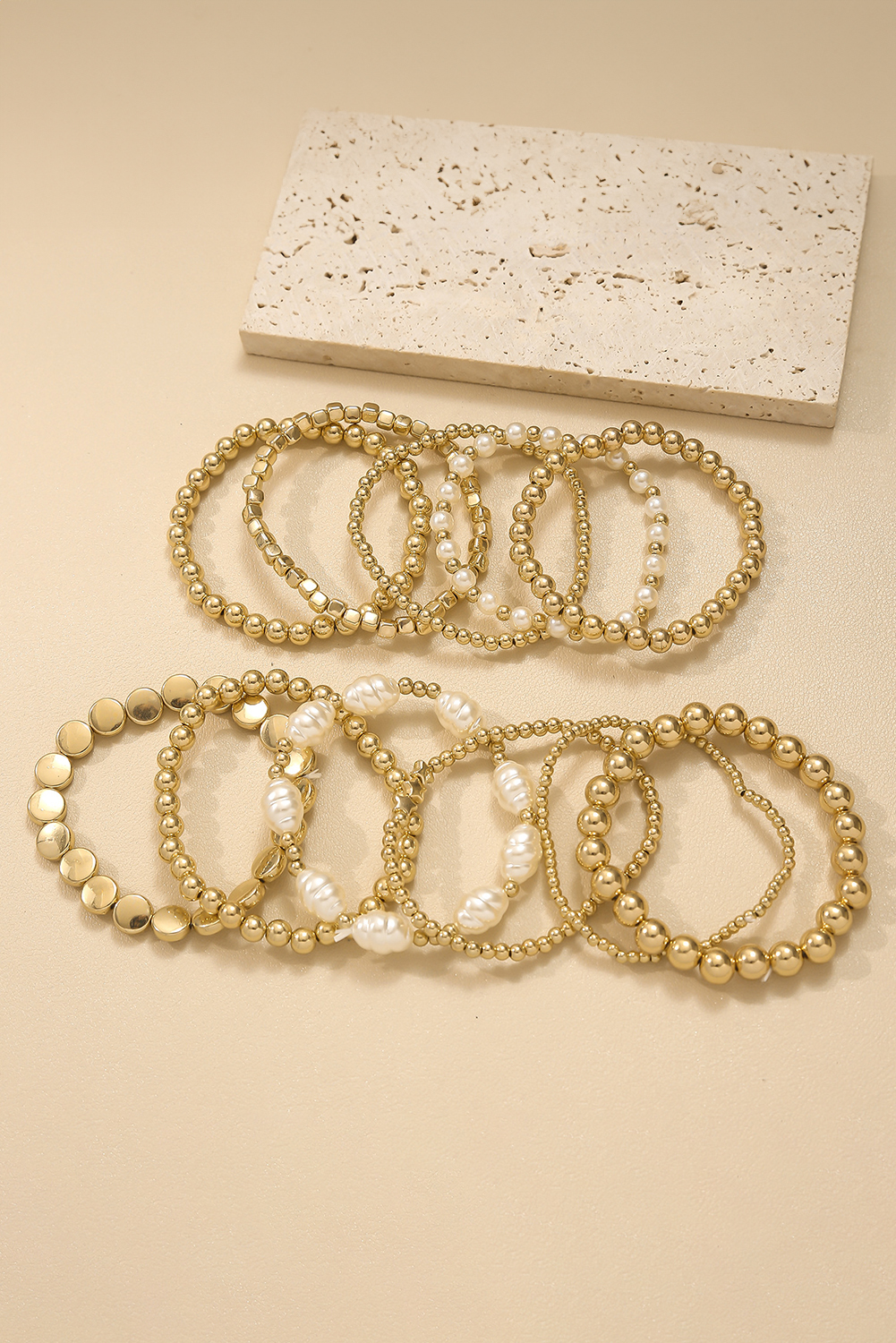 Gold 11pcs Alloy Pleated Pearl Beading Bracelet