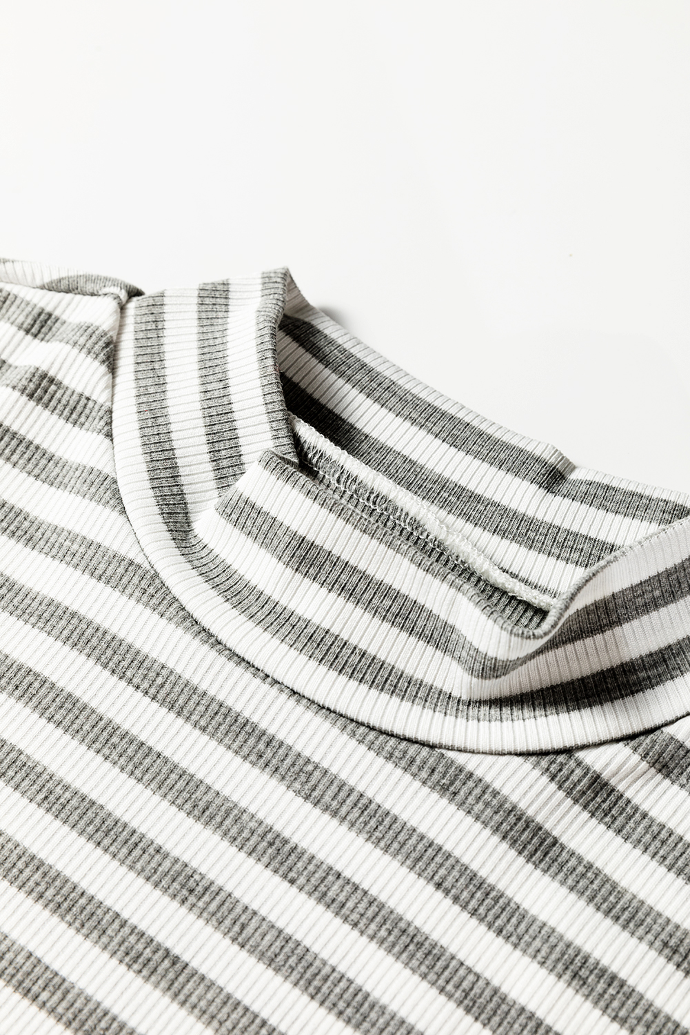 Gray Stripe Ribbed High Neck Slim Fit Long Sleeve Top