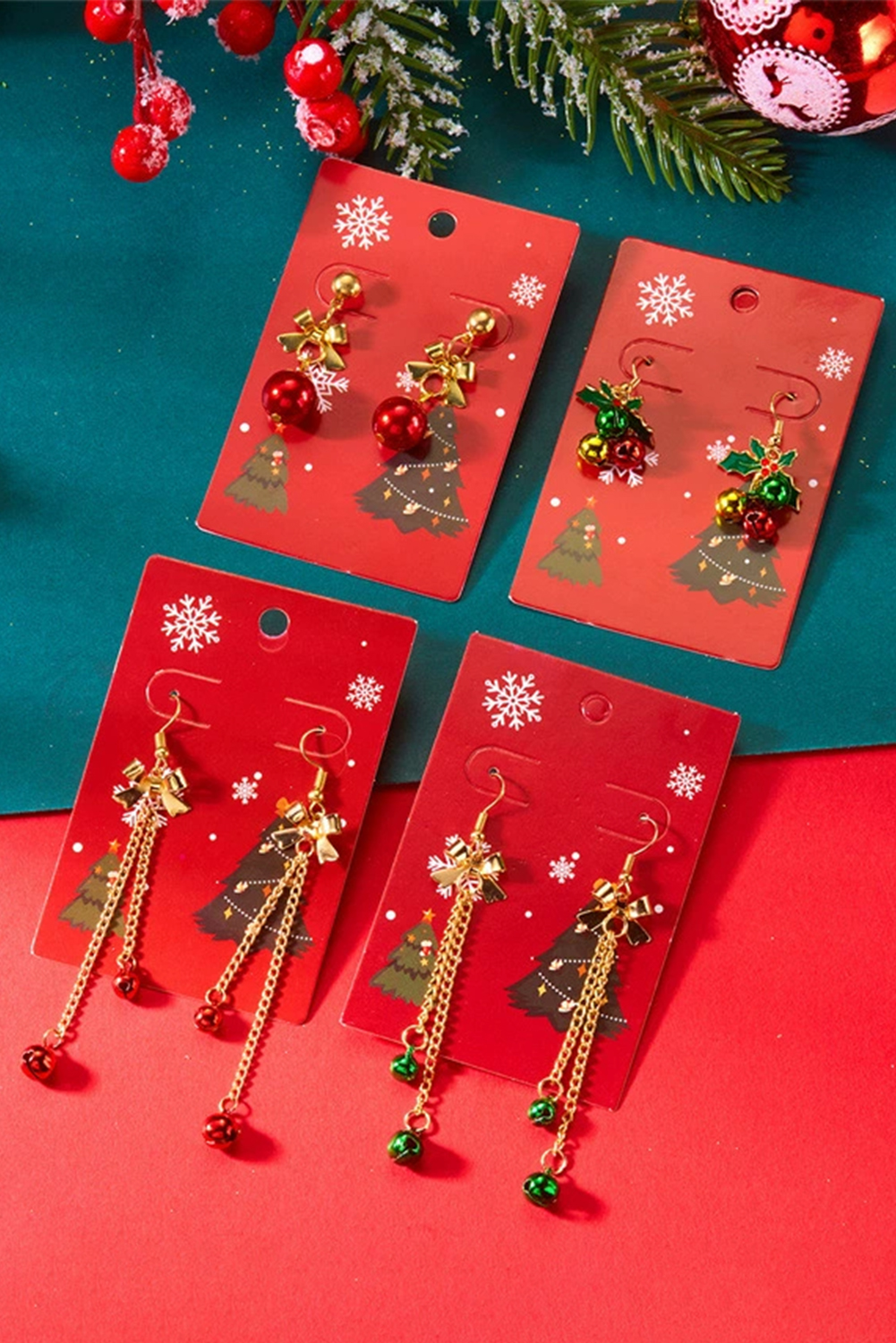 Fiery Red Jingle Bell Tassel Dangle Gold Plated Bow Hook Earrings