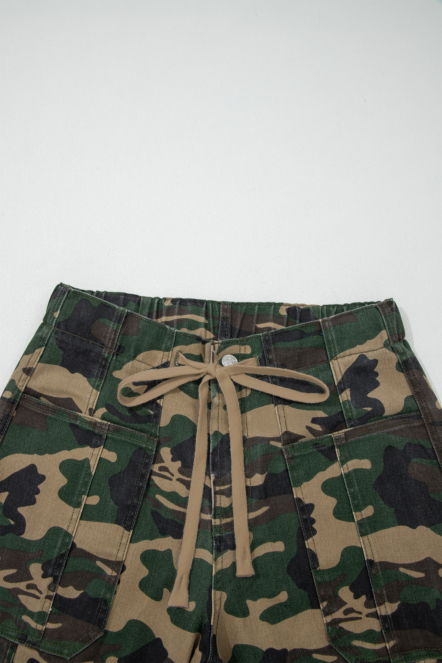 Green Camouflage Print Drawstring Patch Pocket Barrel Jeans