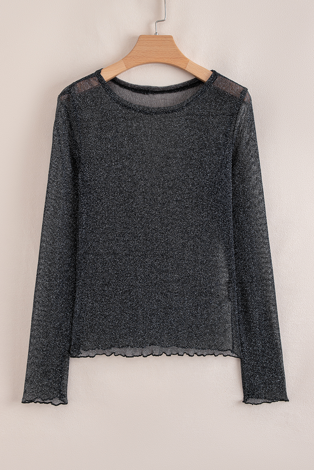 Black Metallic Glitter Mesh Long Sleeve Top