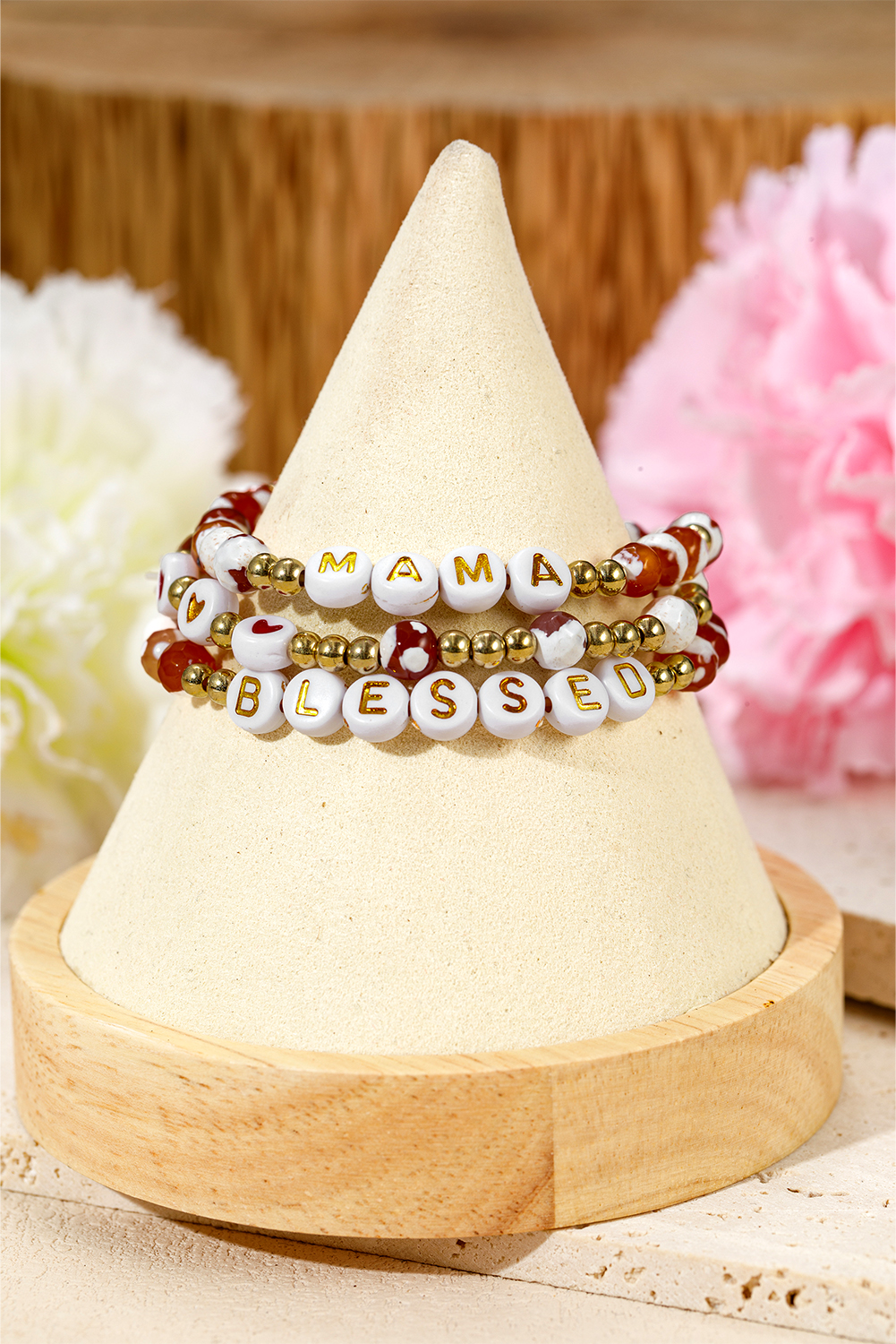 Gold MAMA Beaded Triple Layer Bracelet Set