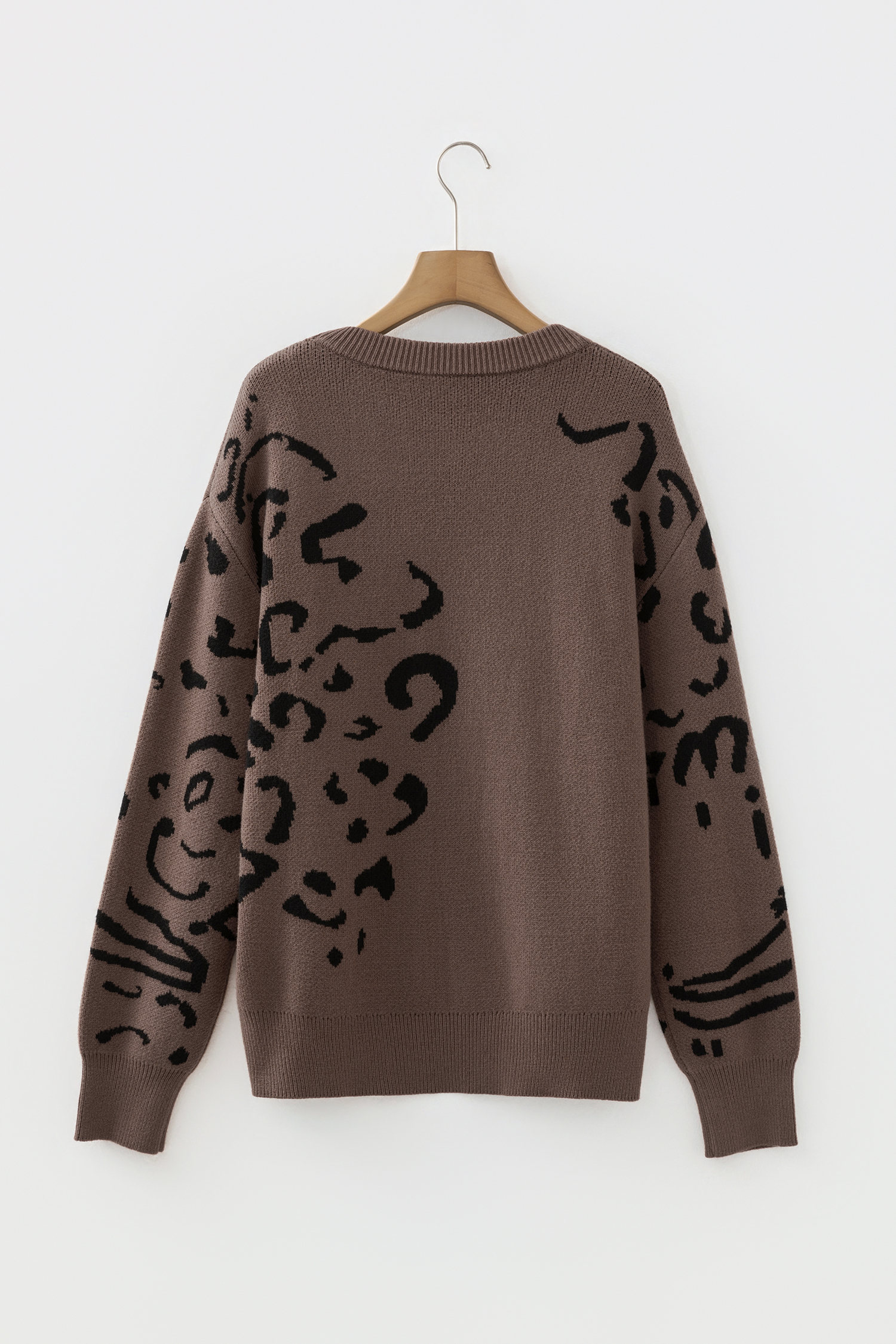 Camel Asymmetric Leopard Print Detail Drop Shoulder Sweater