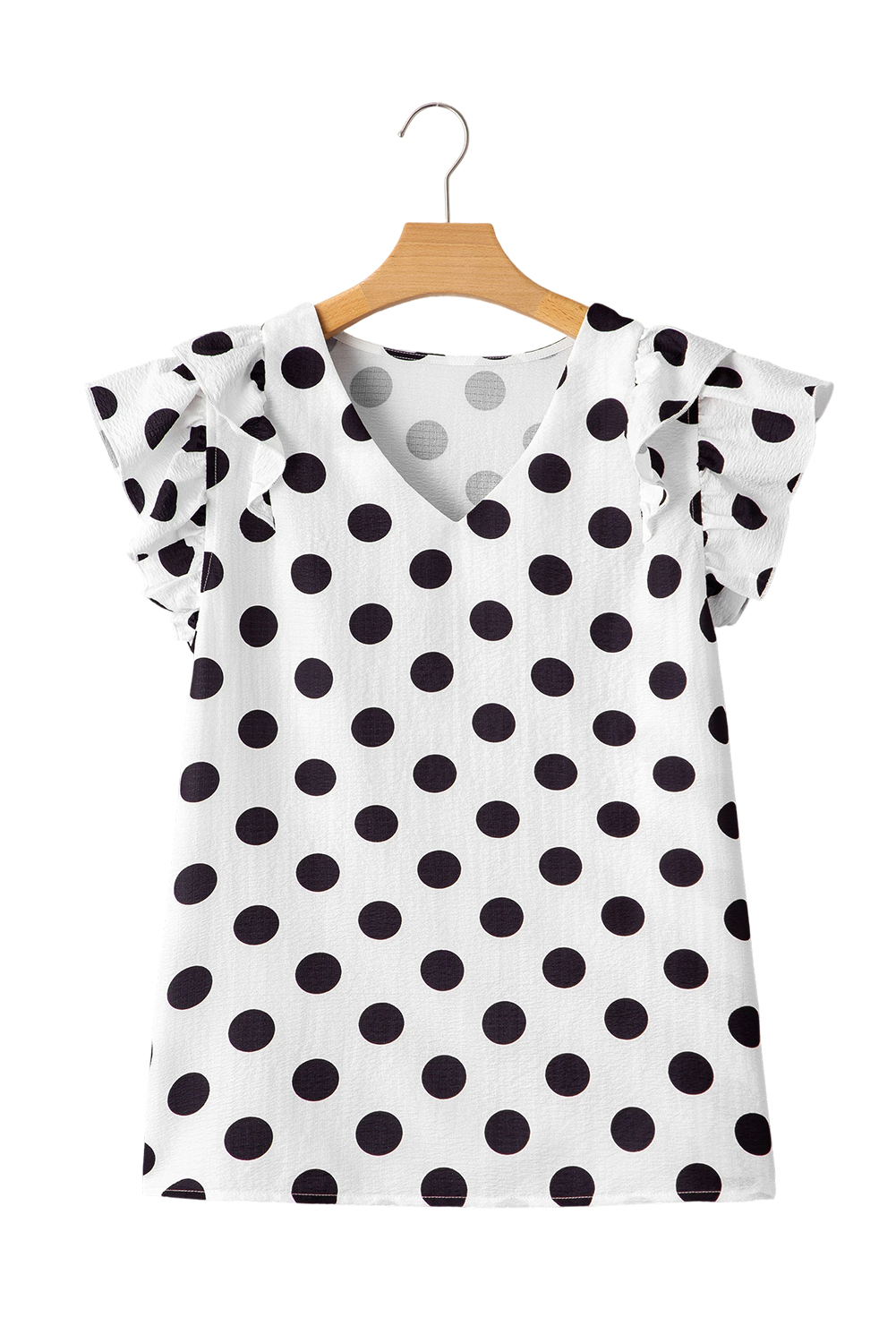 Black Polka Dot Print Ruffled Sleeve V Neck Blouse