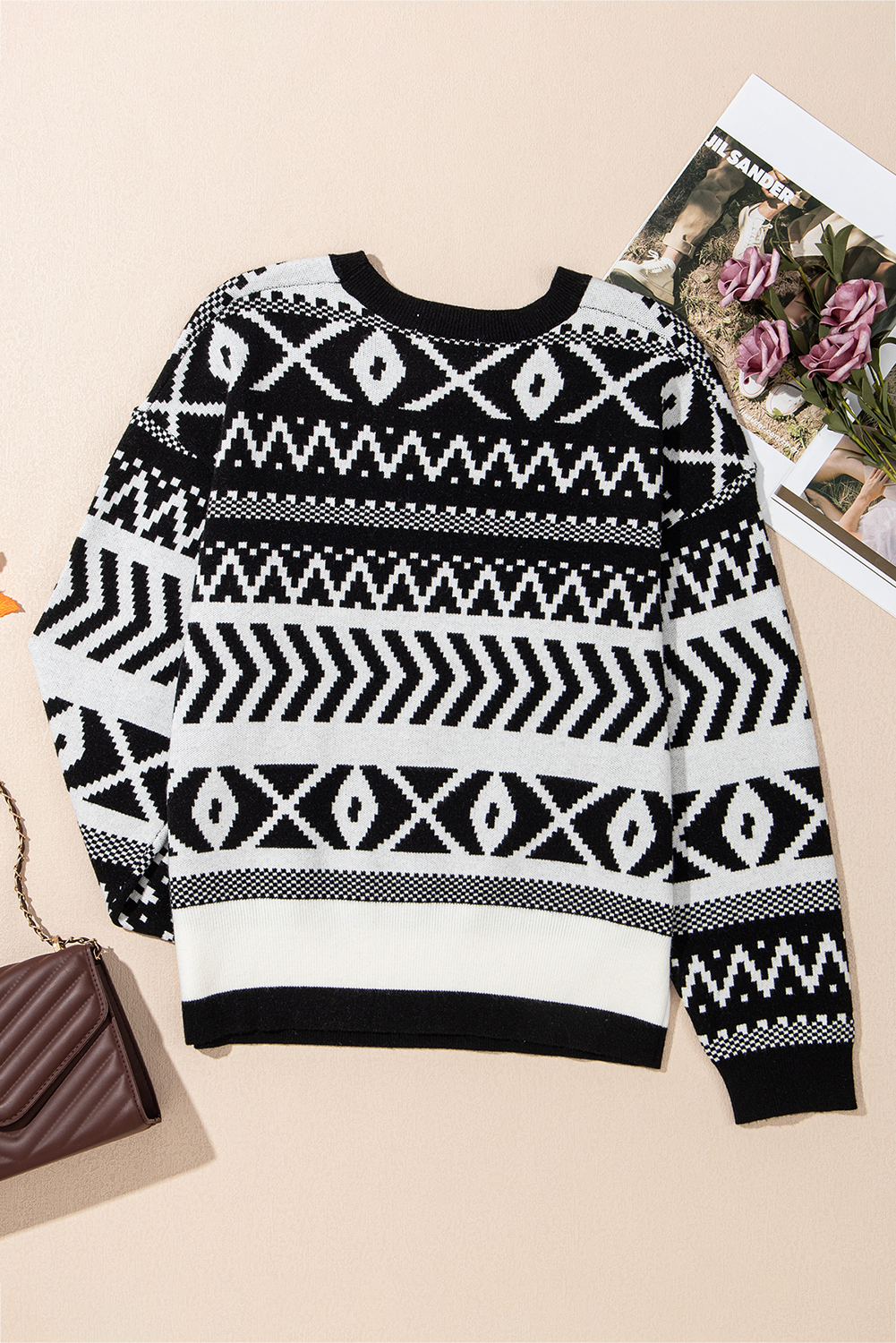 Brown Abstract Print Pullover Sweater