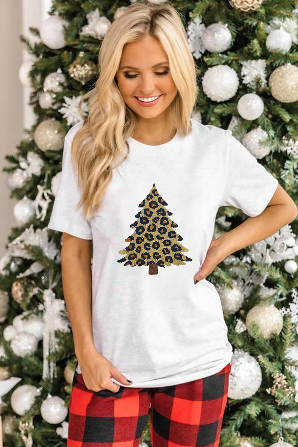 White Leopard Plush Christmas Tree Patched Graphic Tee