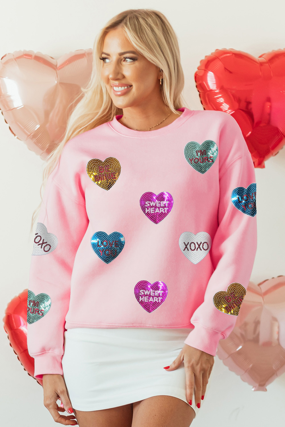 Pink Sequin Valentines Lettering Heart Patched Crewneck T Shirt