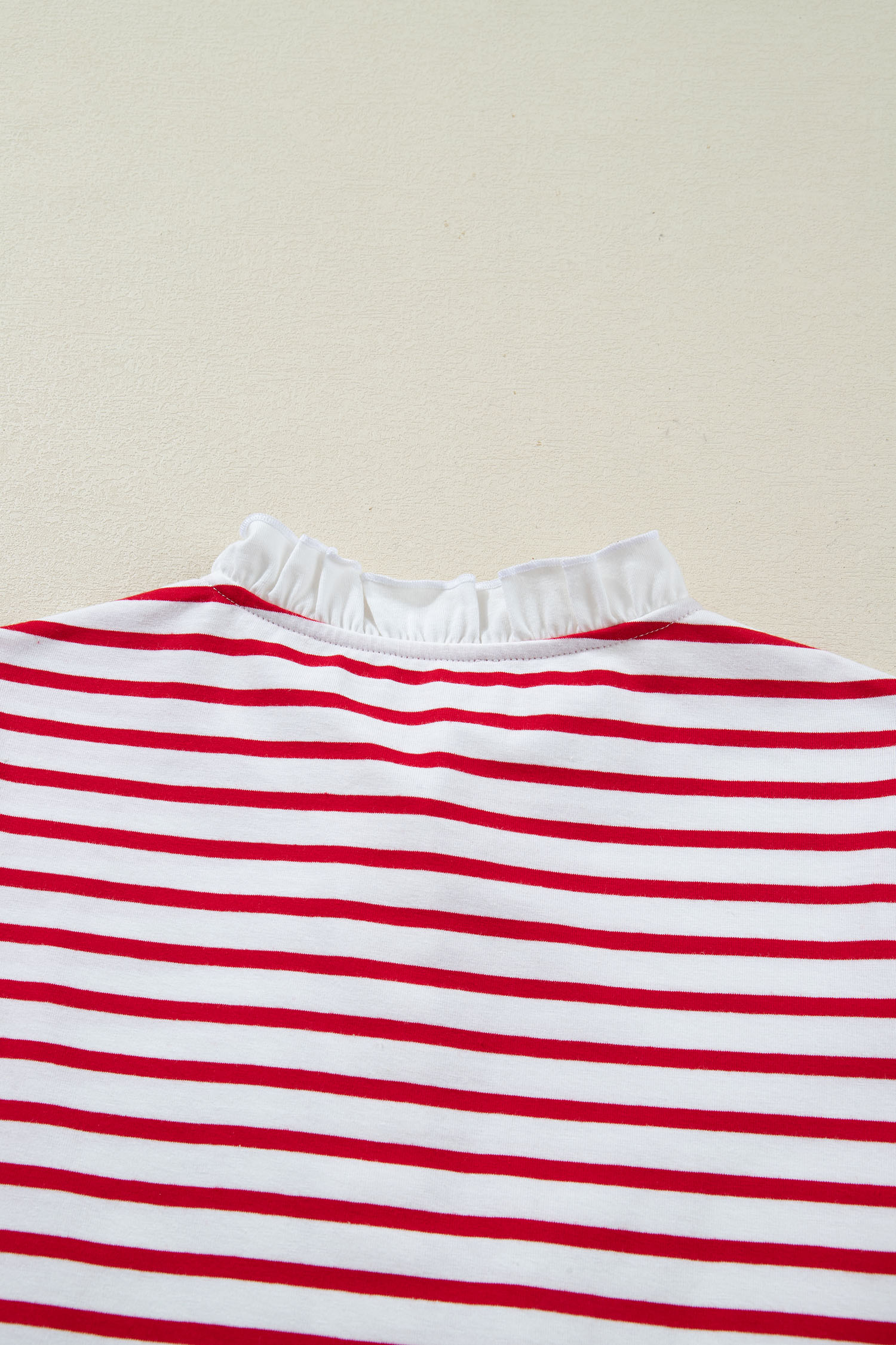 Red Stripe Contrast Frilled Trim Half Button Long Sleeve Top