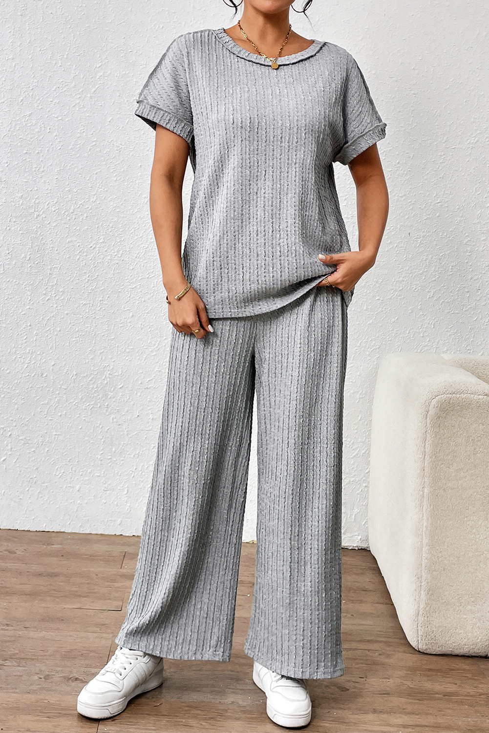 Gray Striped Texture Loose Tee and Pants Set