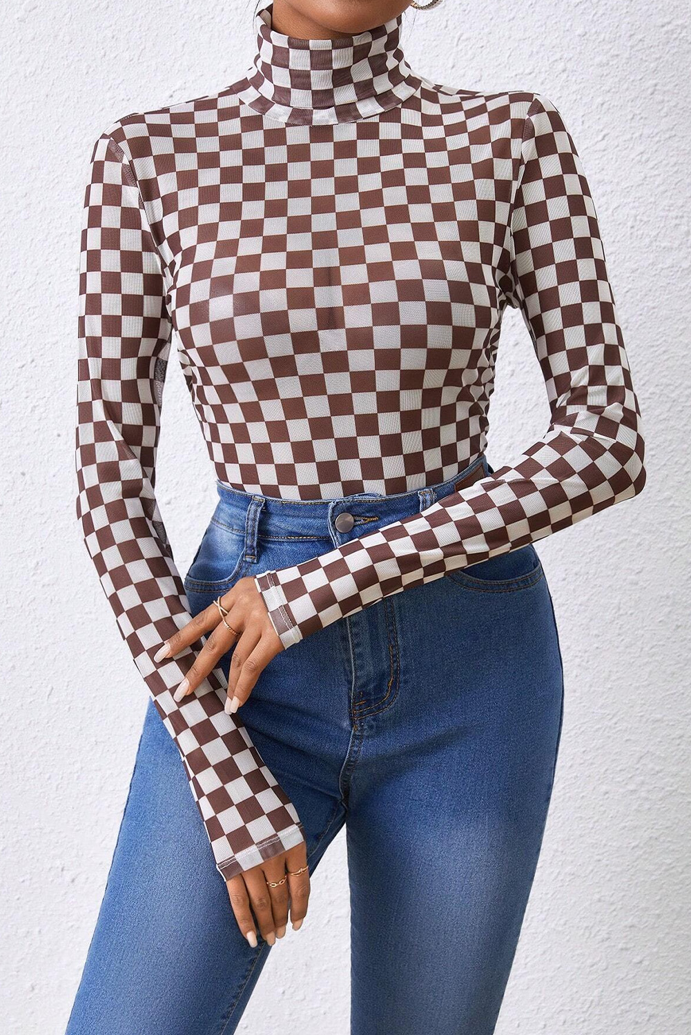 Khaki Checkered Pattern Mesh Mock Neck Long Sleeve Top