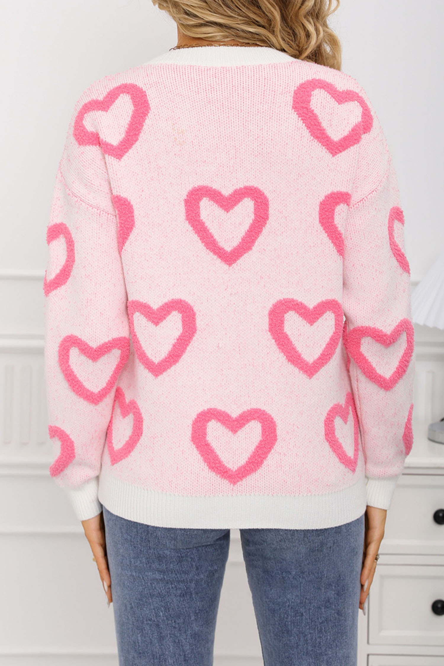 White Chenille Heart Print Valentines Day Sweater
