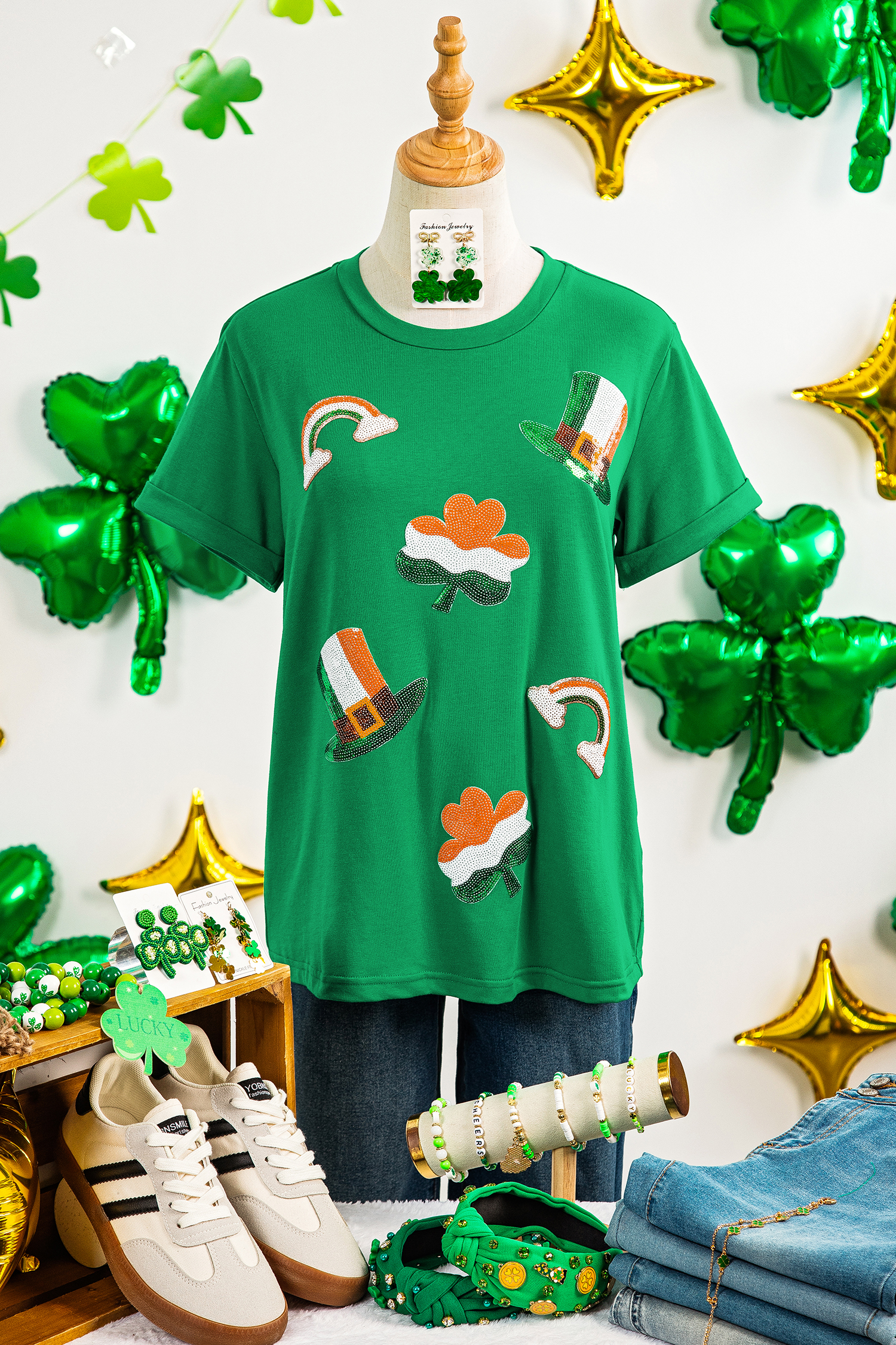 Bright Green St Patricks Day Elements Sequin Graphic Tee