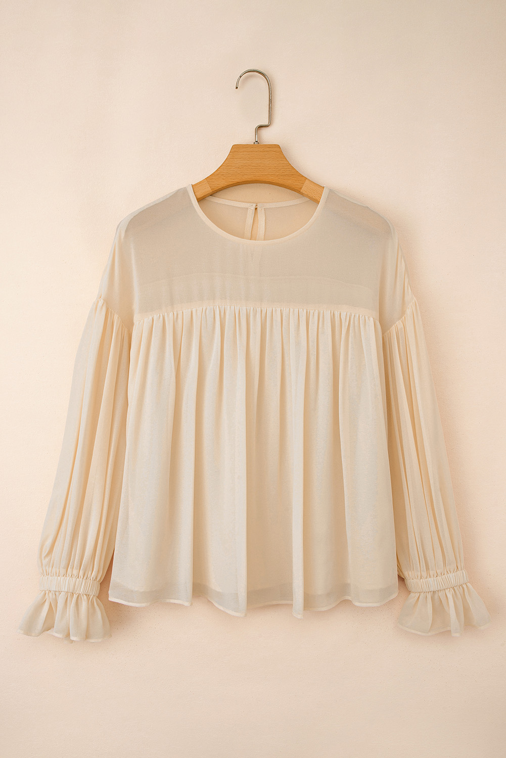 Parchment Pleated Ruffle Long Sleeve Chiffon Blouse