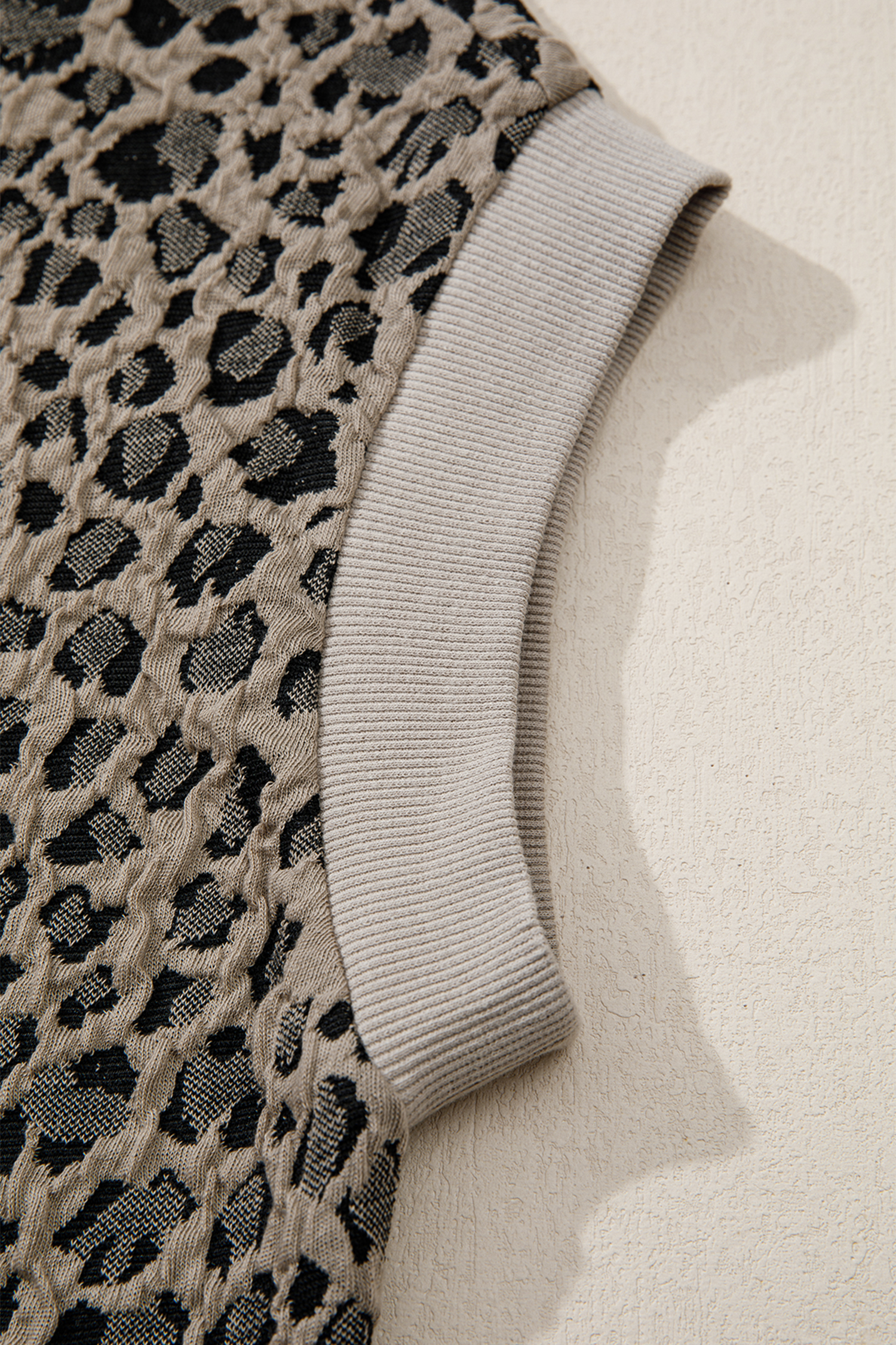 Beige Zip up Collared Leopard Cap Sleeve Top