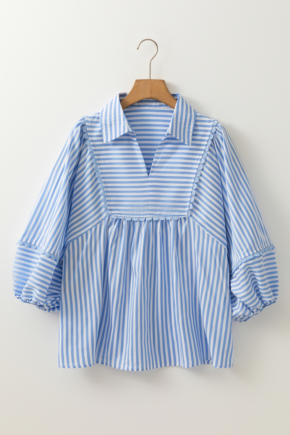Sky Blue Stripe Shirt Collar V Neck Ricrac Trim 3/4 Puff Sleeve Blouse