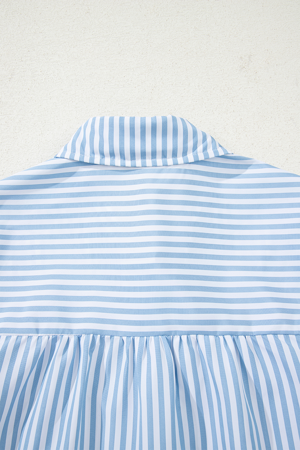 Sky Blue Stripe Shirred Detail Half Placket Collared Long Sleeve Fall Shirt