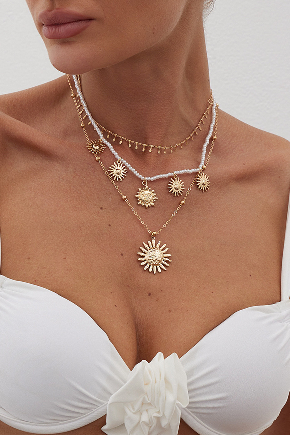 Gold Plated Alloy Pearl 3pcs Sun Goddess Necklace Set