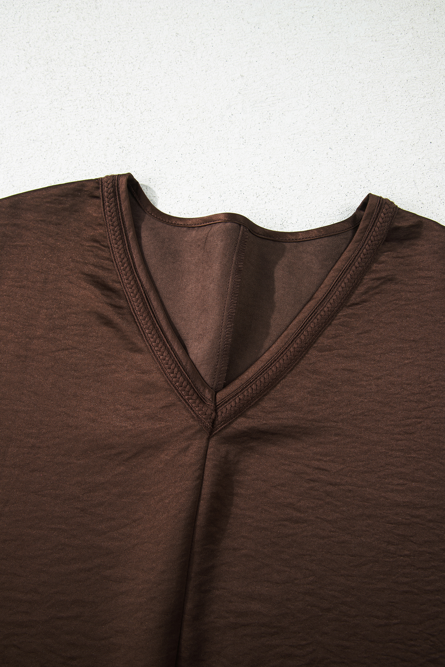 Dark Brown Braided V Neck Long Sleeve Loose Top and Drawstring High Waist Pants 2pcs Outfit