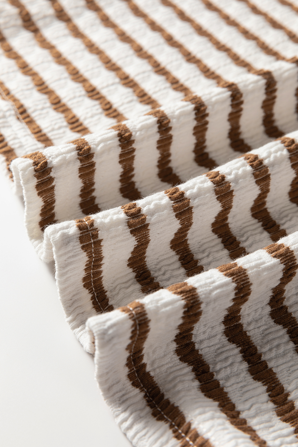 Khaki Stripe Textured Hooded V Neck Casual Long Sleeve Top