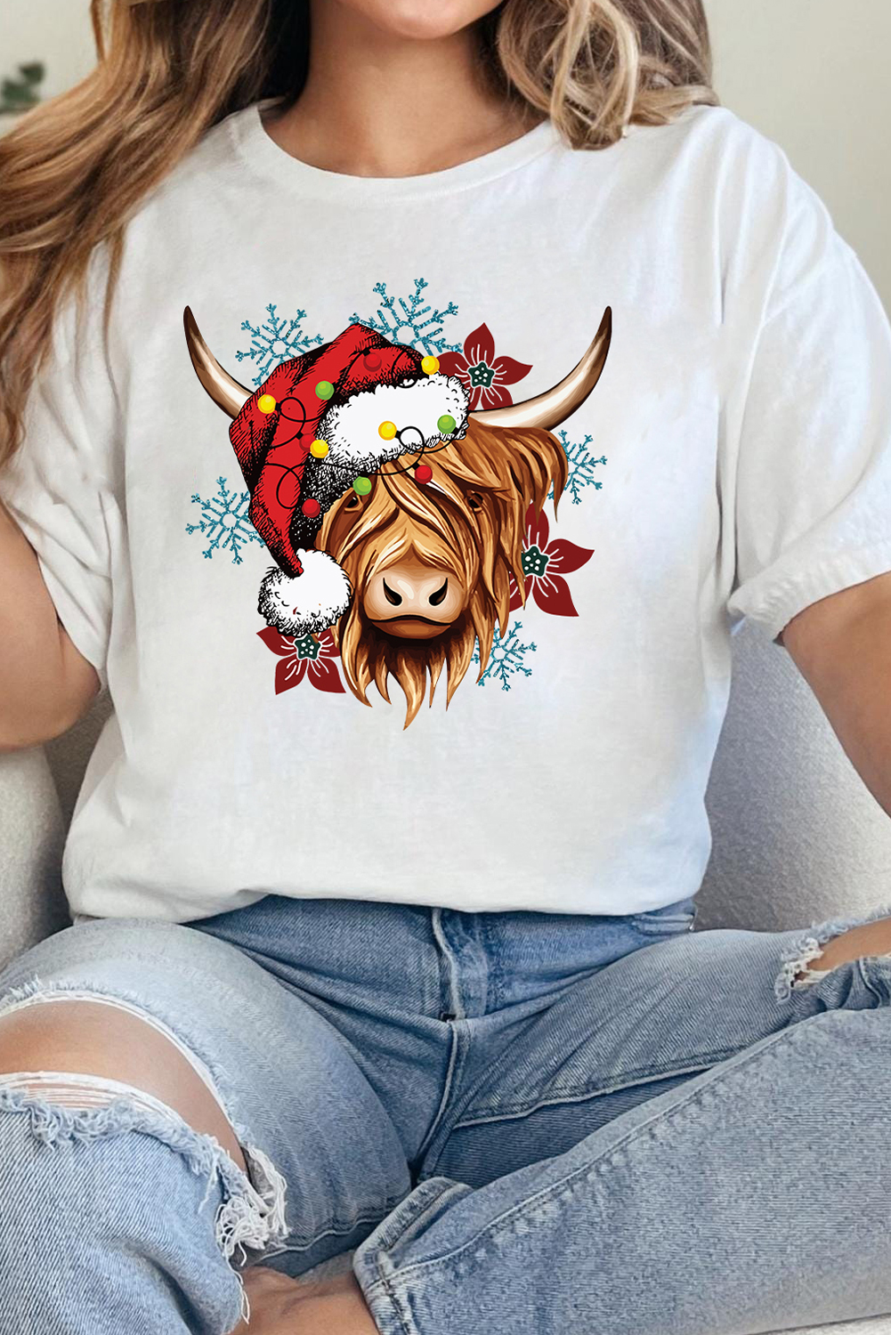 White Christmas Highland Ox Snowflake Print Womens T Shirt