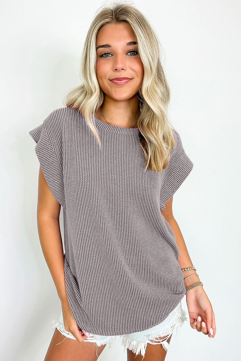 Gray Twisted Rib Wide Sleeve Crew Neck T Shirt