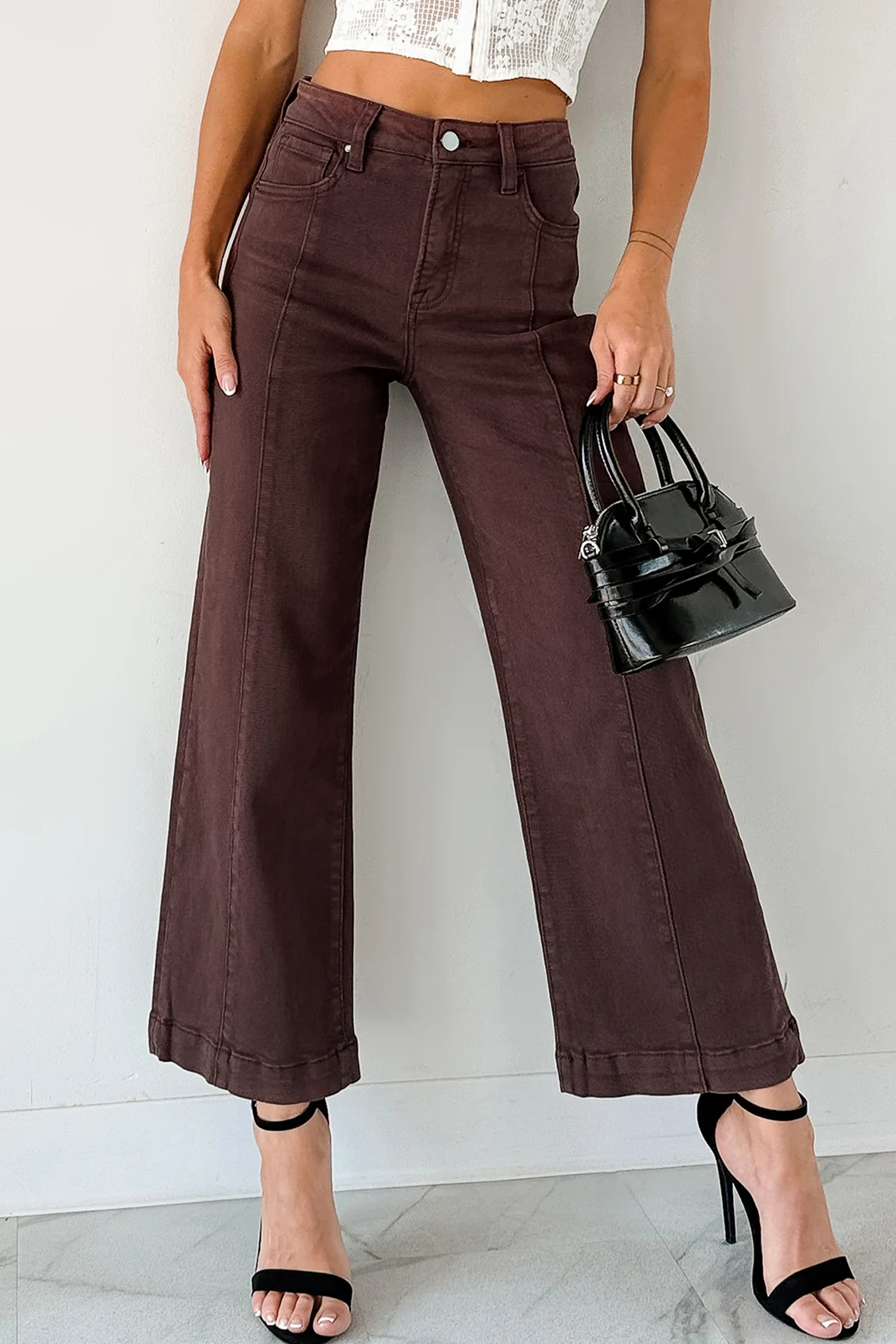 Apricot Solid Color Seamed Center Wide Leg Cropped Jeans