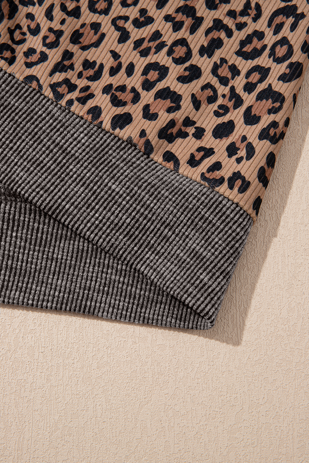 Khaki Ribbed Leopard Print Contrast Collar Zip Hooded Pullover Sweatshirt