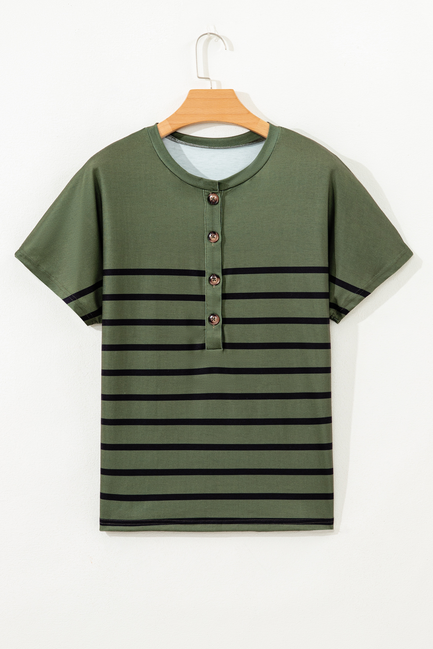 Four Leaf Clover Striped Half Buttons Crew Neck T-Shirt