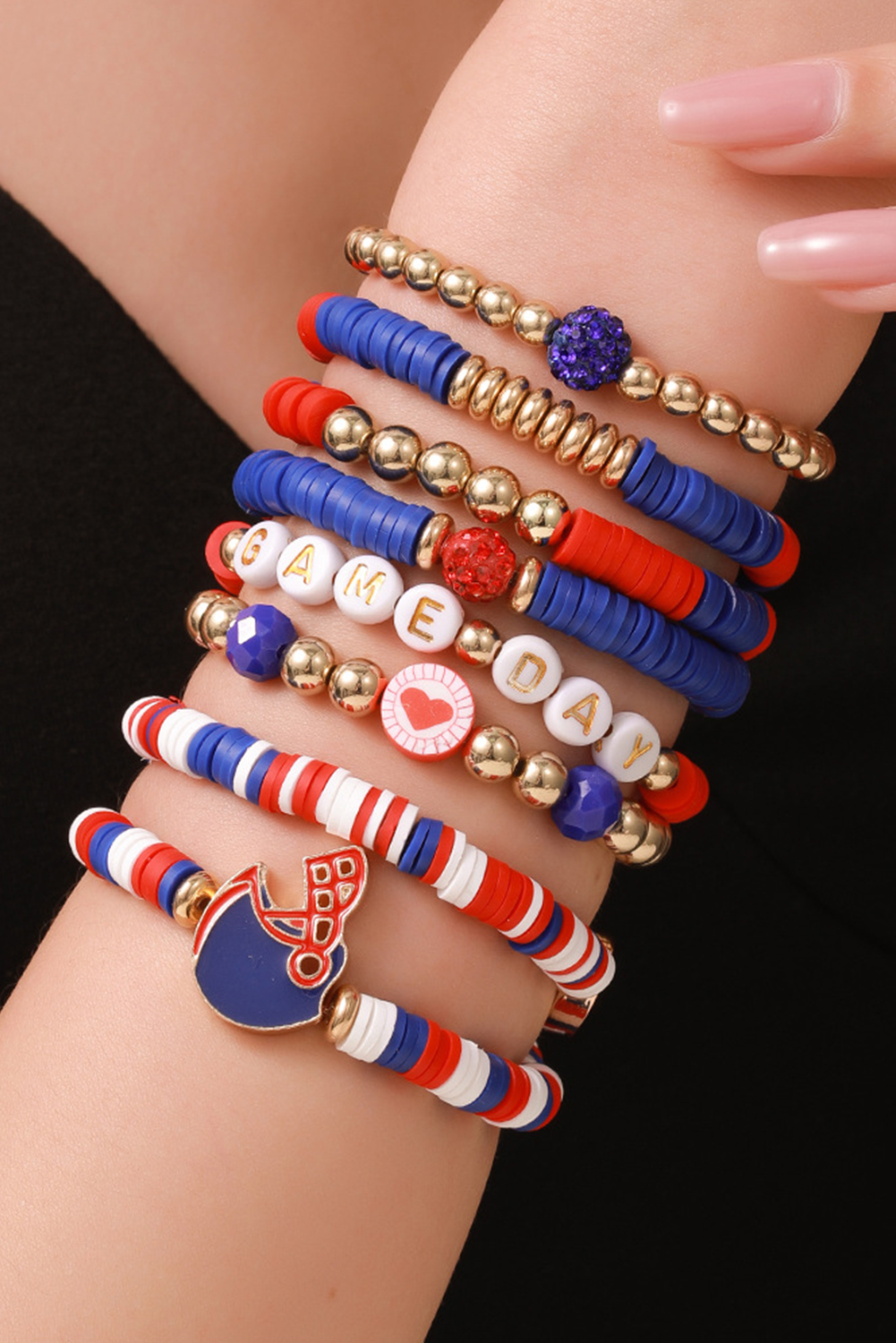 Dark Blue 8pcs Stackable Clay Beaded GAME Day Bracelet Set
