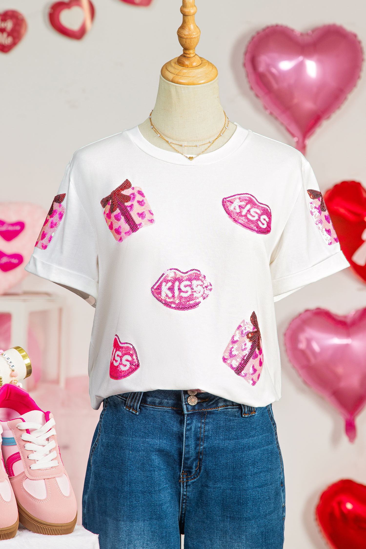 White Valentines Gift Kiss Lip Sequin Graphic T Shirt