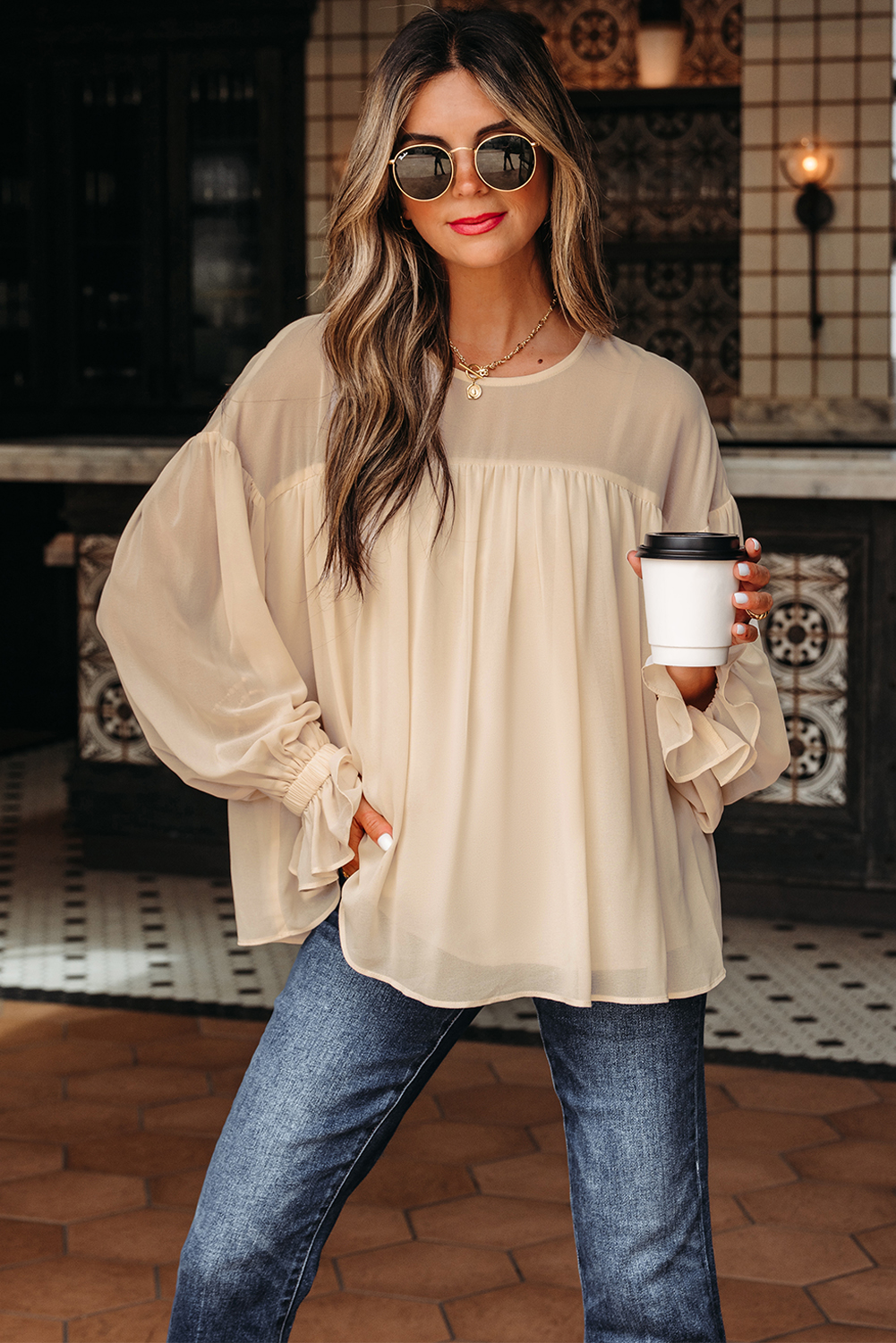 Parchment Pleated Ruffle Long Sleeve Chiffon Blouse