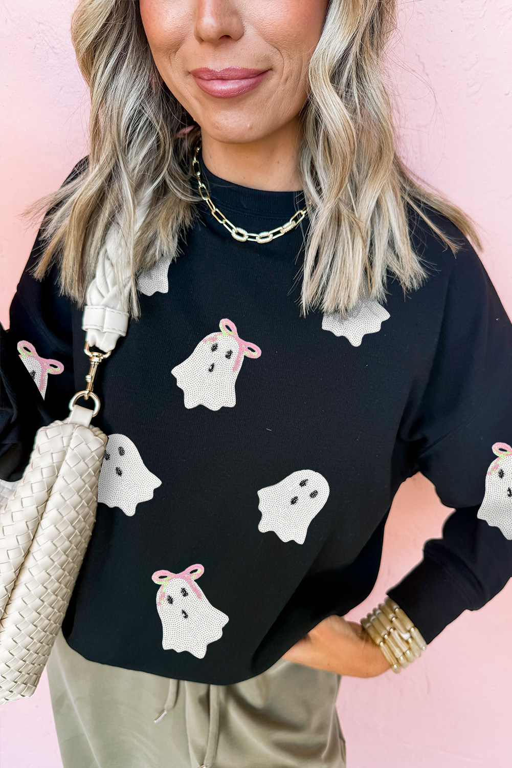 Wisteria Glitter Trim Chenille Ghost Patched Halloween Graphic Tee