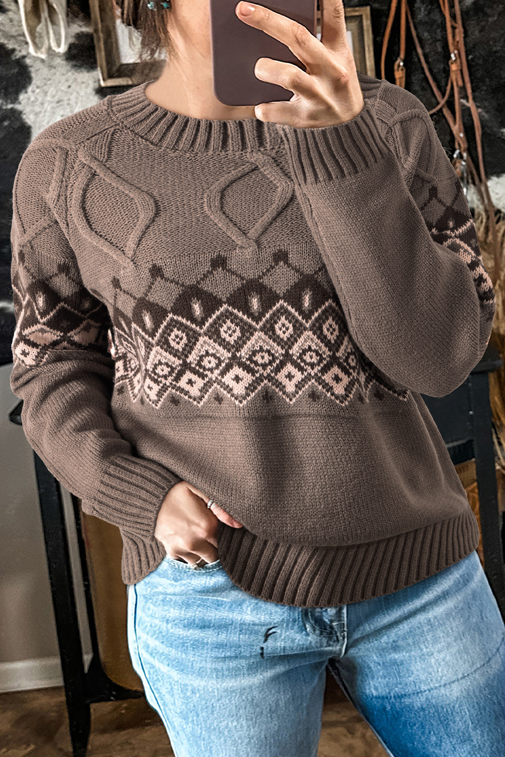 Light French Beige Western Geometric Patterned Crew Neck Knitted Sweater