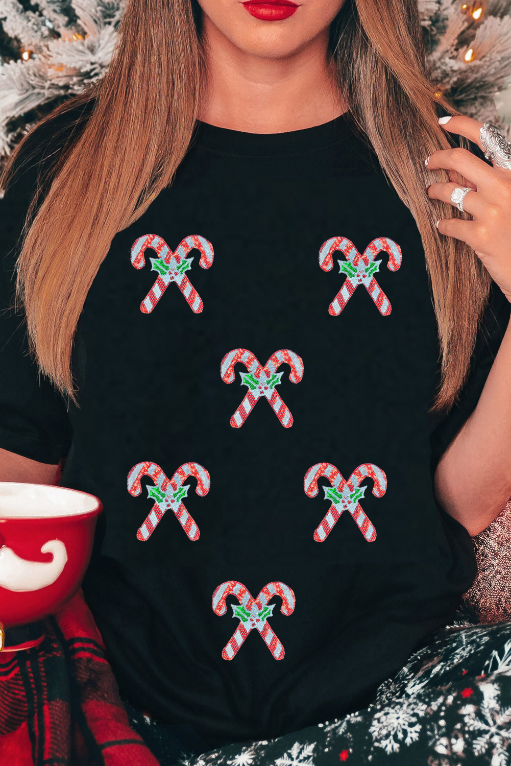 Black Holly Candy Cane Christmas Sequin Graphic T Shirt