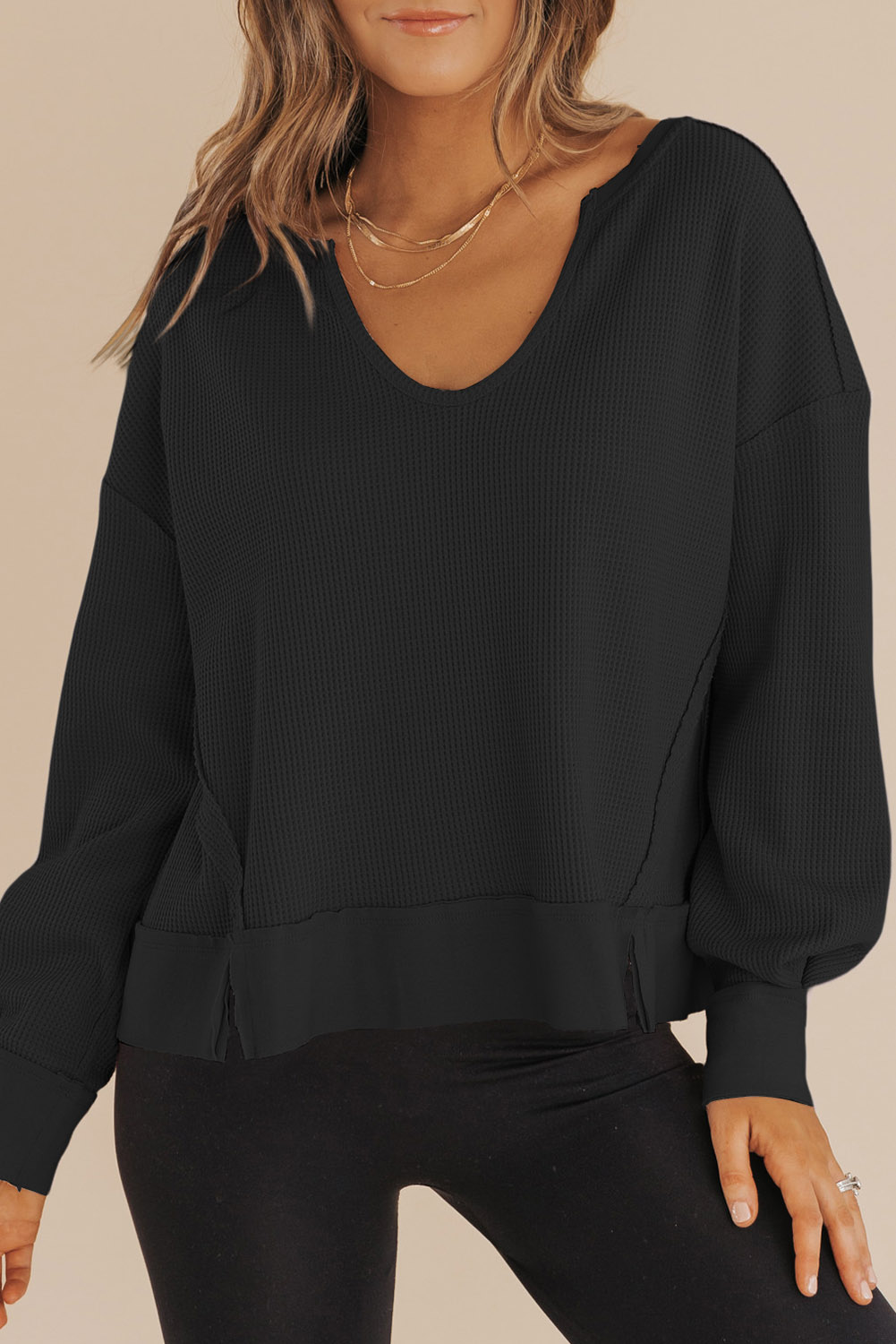 Dark Brown Waffle Knit Notched V Neck Drop Shoulder Solid Sweatshirt