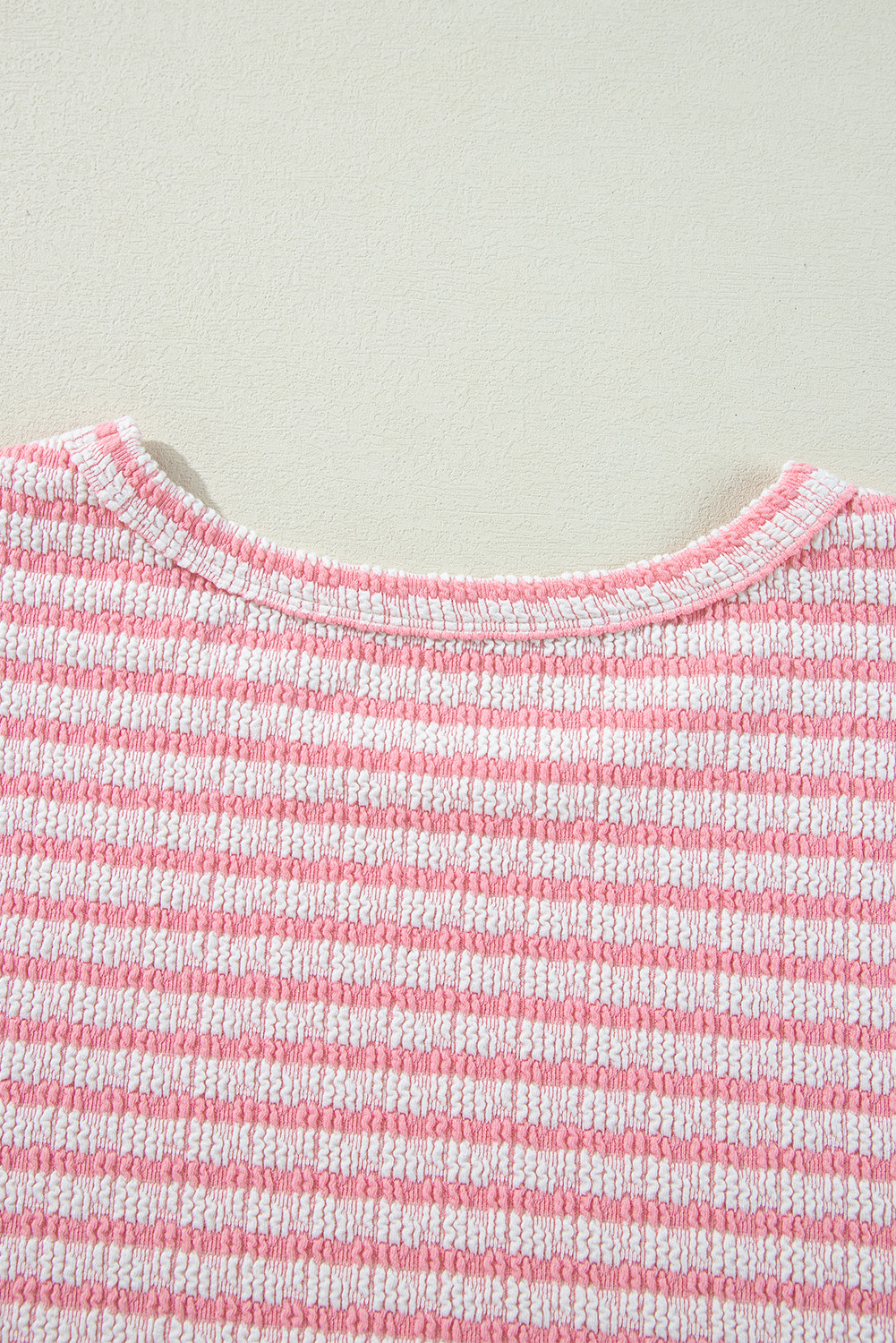 Pink Stripe Textured Puff Sleeve Crewneck Top
