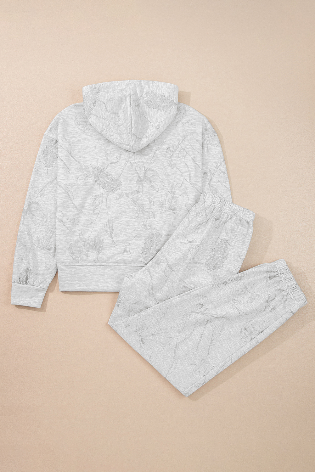 Light Grey Abstract Print Loose Drop Sleeve Hoodie Elastic Waistband 2pcs Pant Set