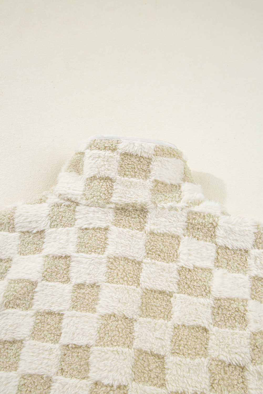 Khaki Sherpa Checkerboard Snap Button Vest Jacket With Pocket