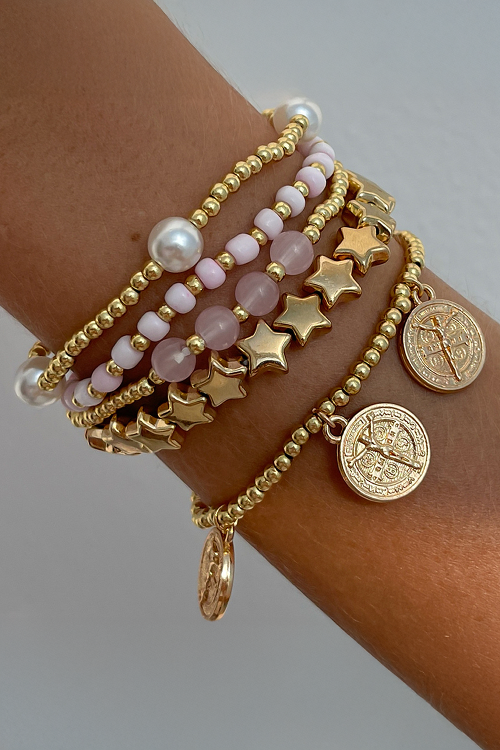 Gold Discs Pearl Stars Beaded Multi Layer Bracelet Set