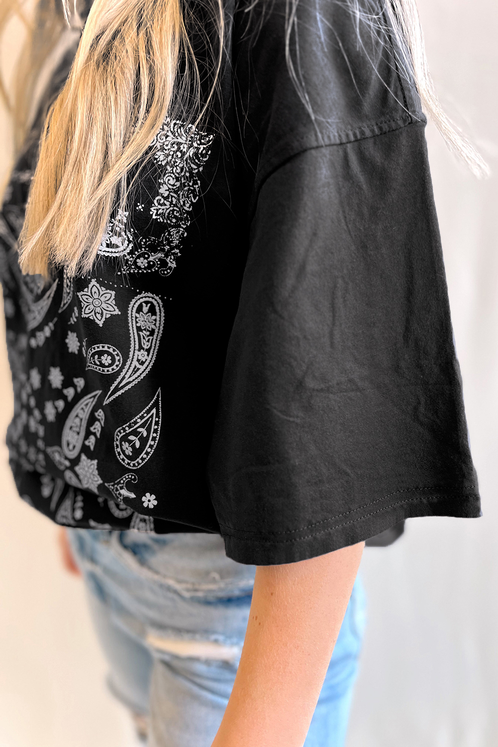 Black Paisley Print Crew Neck Loose Fit Tunic Tee