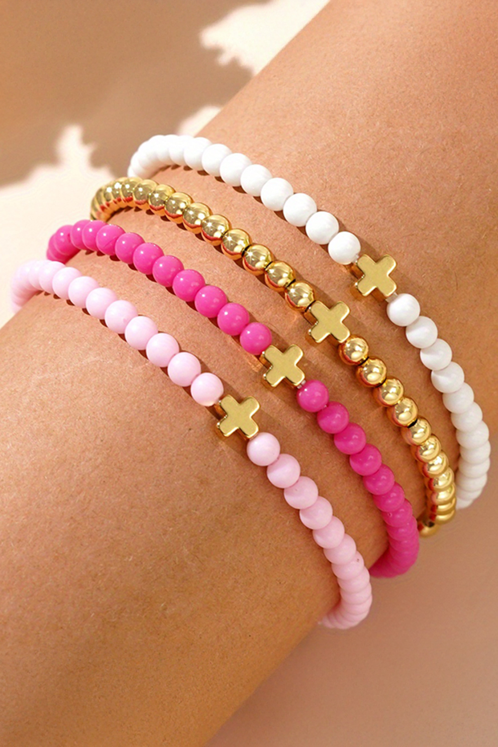 Gold Cross Beaded Multi Layered Elastic Bracelet Set