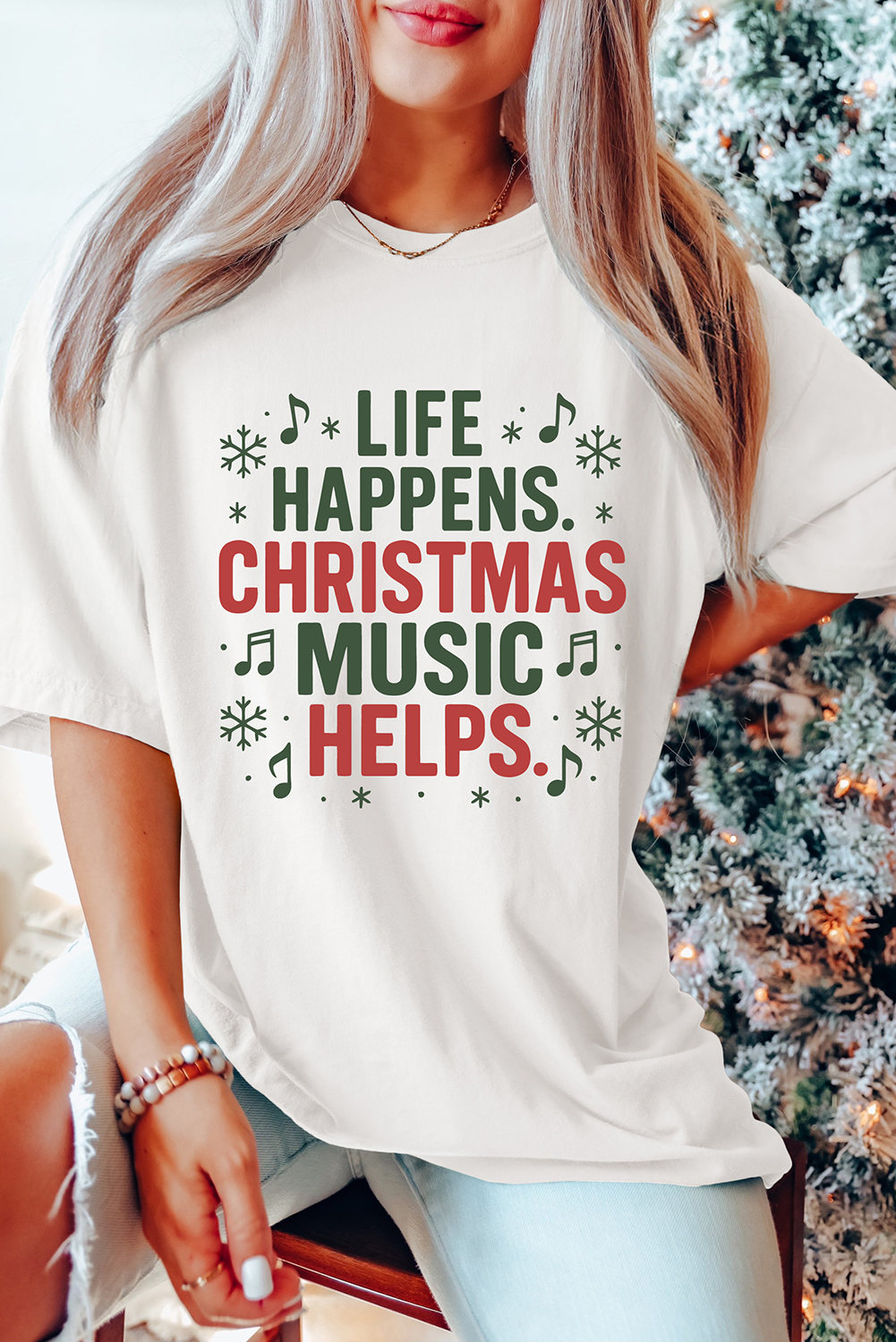 White LIFE HAPPENS CHRISTMAS MUSIC HELPS Graphic Tee