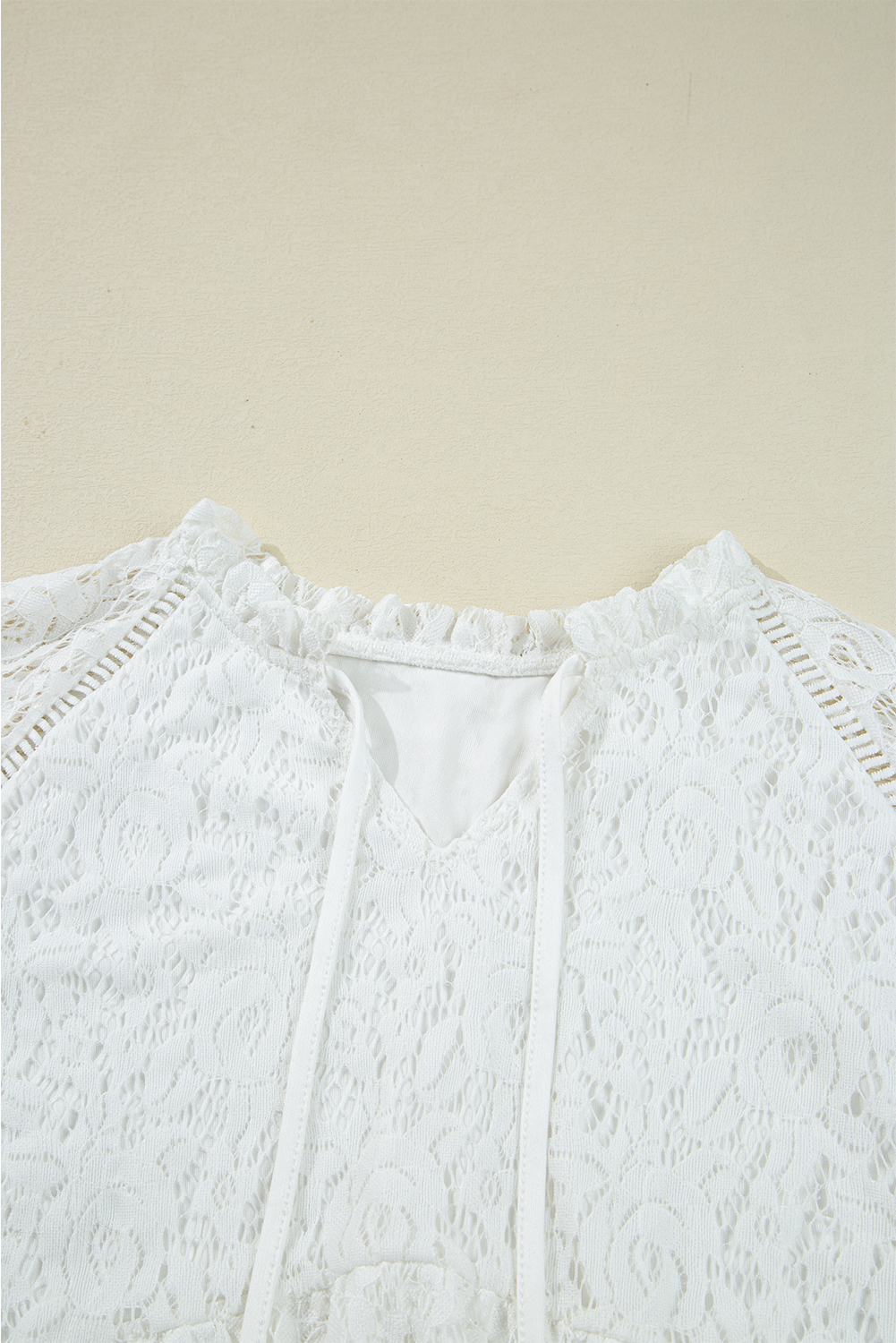 White Tie V Neck Lace Ruffle Detail Long Sleeve Blouse