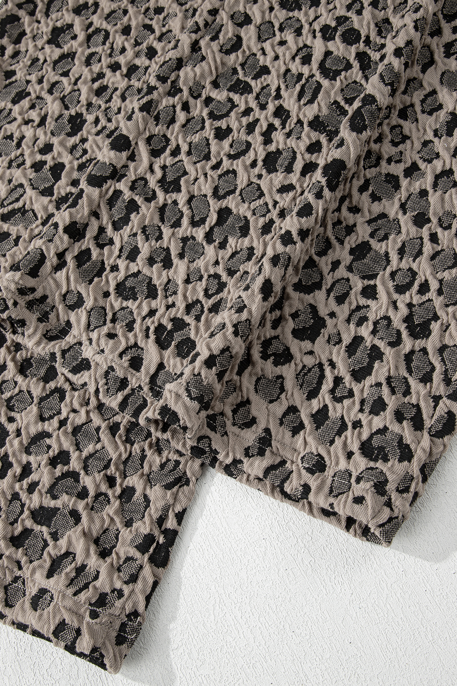 Khaki Jacquard Leopard Half Sleeve Jumper Wide Leg Pant Set