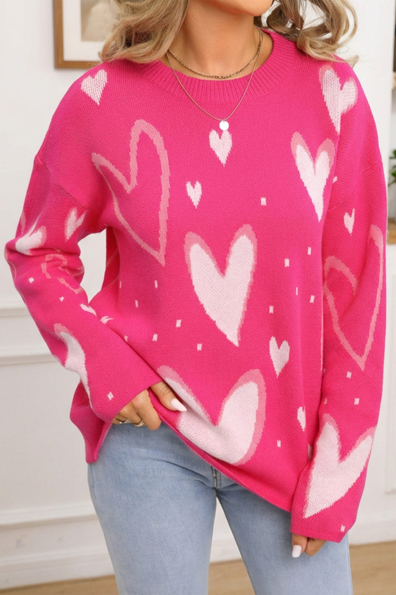 White Splendid Heart Print Valentines Day Sweater