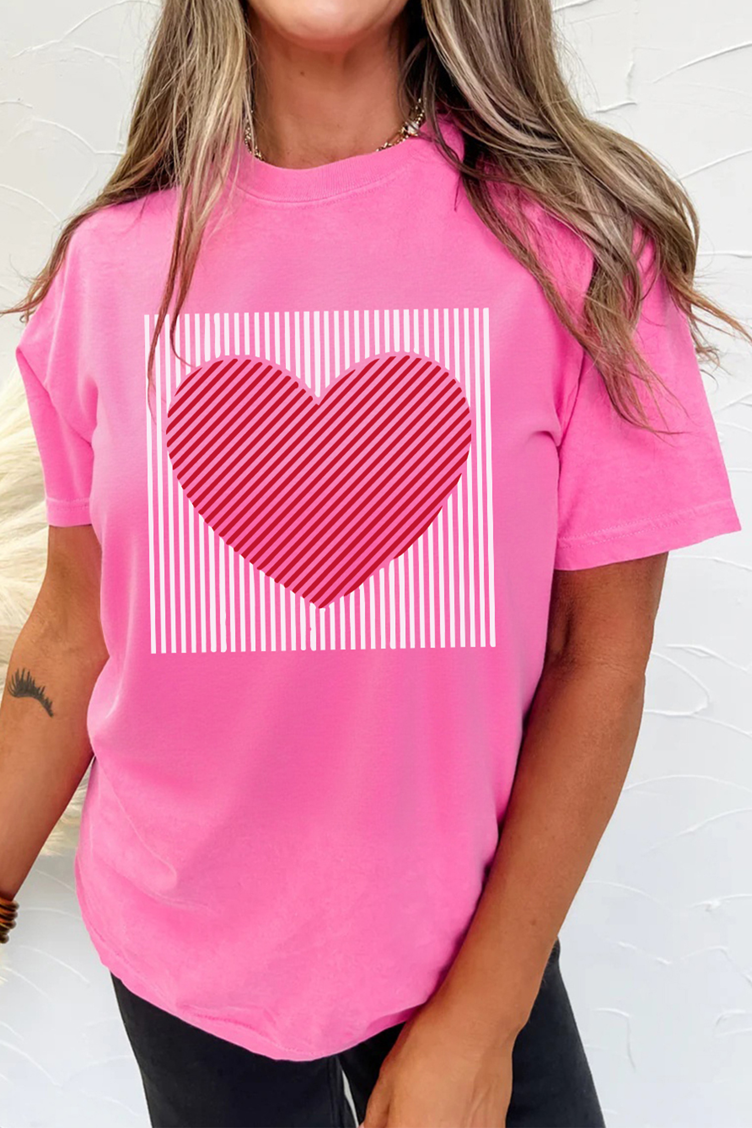 Sachet Pink Contrast Striped Heart Printed Valentines Day T Shirt